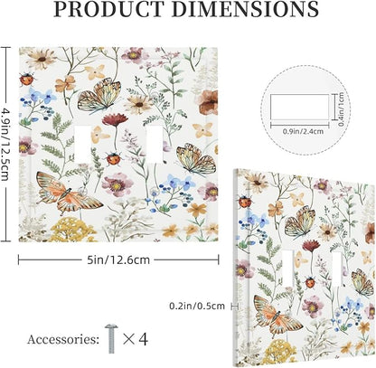 Decorative Light Switch Cover Boho White Background Butterfly Rustic Flower Double Toggle Personalized Wall Plate Switchplate 2 Gang Switchcovers Decora Light Switch Plate