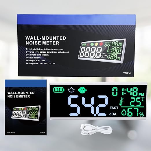 Decibel Meter 13 inches 30~130dB Sound Level Meter, Large LCD Display Wall Hanging Sound Gauge, Noise Level Detector, Decibel Monitoring Device, Time, Temperature, Humidity for Studio Classroom Home