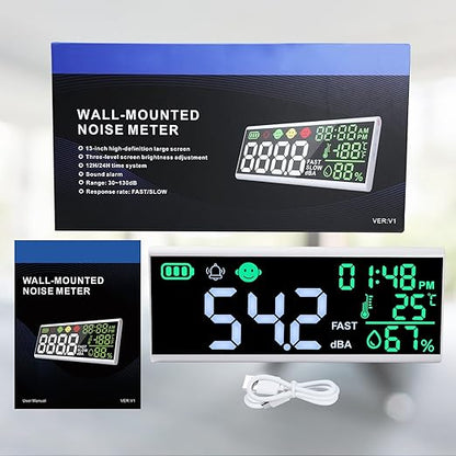 Decibel Meter 13 inches 30~130dB Sound Level Meter, Large LCD Display Wall Hanging Sound Gauge, Noise Level Detector, Decibel Monitoring Device, Time, Temperature, Humidity for Studio Classroom Home