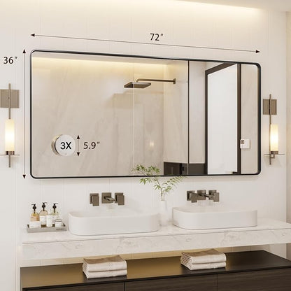 72X36 Inch Black Metal Framed Bathroom Mirror for Wall, Rounded Rectangle Mirror, Matte Black Bathroom Vanity Mirror, Environmentally Friendly Resin Mirror, Anti-Rust