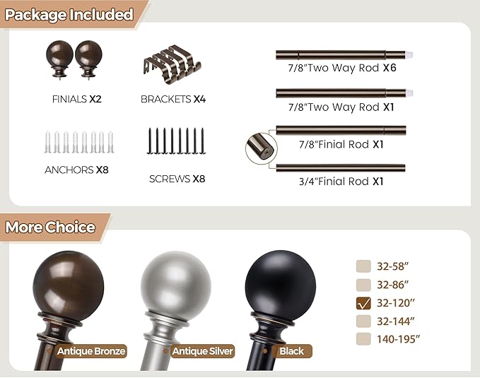 KAMANINA Long Curtain Rods for Windows 66 to 120 Inches (5.5-10ft), Bronze Heavy Duty Curtain Rod, 7/8 Inch Decorative Drapery Rod with Round Finials