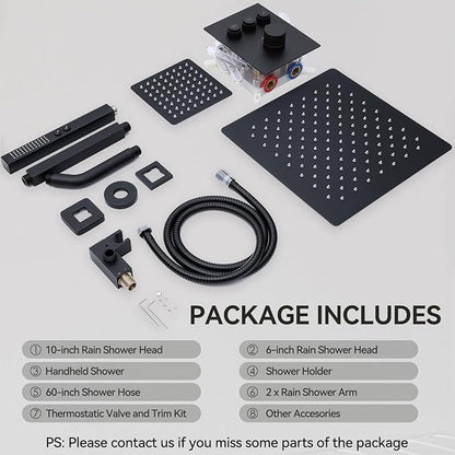 Thermostatic Shower System Matte Black Push Button Shower Faucet Set,12" Ceiling Rainfall and 6" Wall Mount Rain Shower with 2 in 1 Handhled, Can Use All at Once, Shower Set with Valve and Trim Kit
