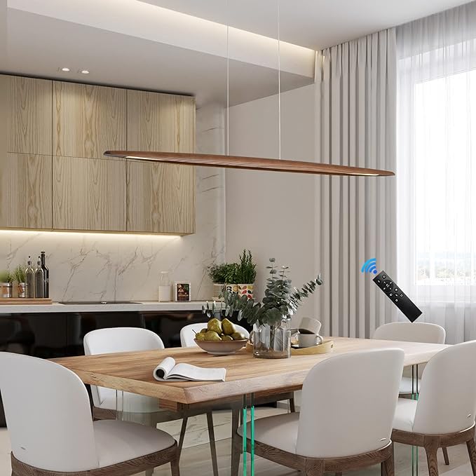 39" Wood Linear Pendant Light LED Dimmable Hanging Light Dinning Room Light Fixture Island Lights 24w for Dining Room Kitchen Island Bar Walnut Color