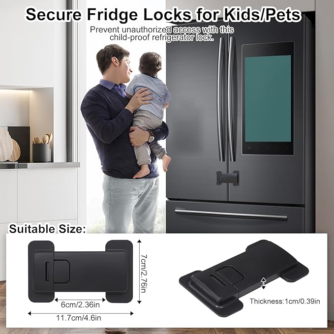 Fridge Locks for Kids, Child Proof Refrigerator Lock, Baby Safety French Fridge Door Lock, Child Cabinet Locks with Strong 3M Adhesive, No Drill, Tool-Free Install (1 Pack, Black)
