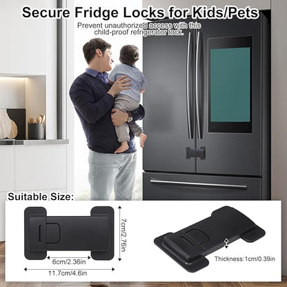 Fridge Locks for Kids, Child Proof Refrigerator Lock, Baby Safety French Fridge Door Lock, Child Cabinet Locks with Strong 3M Adhesive, No Drill, Tool-Free Install (2 Pack, Black)