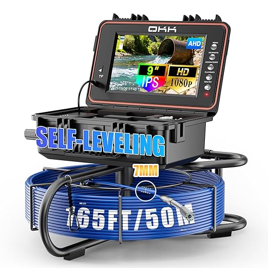 Sewer Camera Self-Leveling, 100ft Drain Camera with Meter Counter, 9-inch HD, Plumbing Cameras Snake with 12 LED Lights, 5100mAh Battery, IP68 & 32GB DVR Recording for Duct Sewer Line Pipe Inspection
