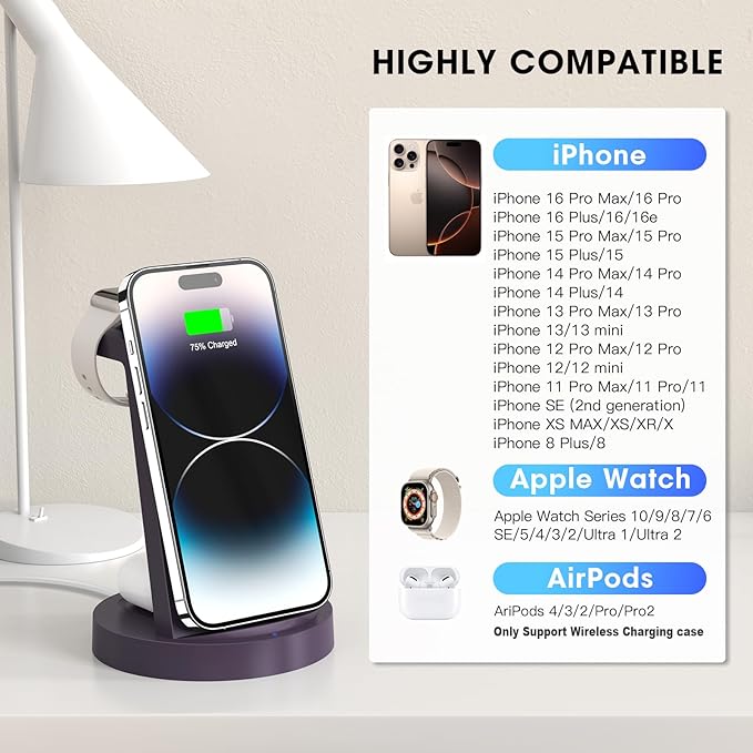 3 in 1 Charging Station for iPhone - Wireless Charger for Apple Products Multiple Devices - Charging Dock Stand for AirPods (for iPhone 17 16e 16 15 14 13 pro 12 11 X Max)