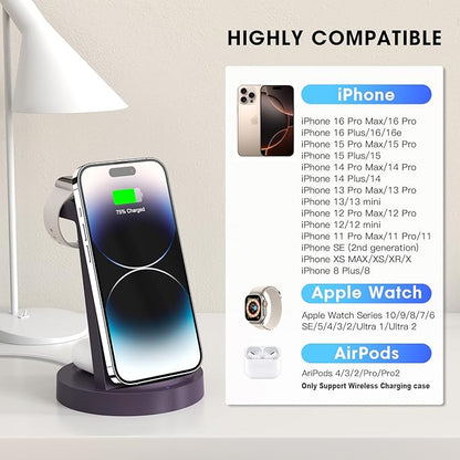3 in 1 Charging Station for iPhone - Wireless Charger for Apple Products Multiple Devices - Charging Dock Stand for AirPods (for iPhone 17 16e 16 15 14 13 pro 12 11 X Max)