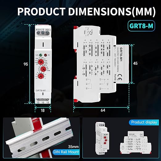 Multifunction Time Relay, 16A Delay ON Off GRT8-M1 AC DC 12-240V with 10 Relay Timer Control Delay Function Mode DIN Rail Electronic Relays of Wide Time Delay Range for 0.1 Seconds to 10 Days