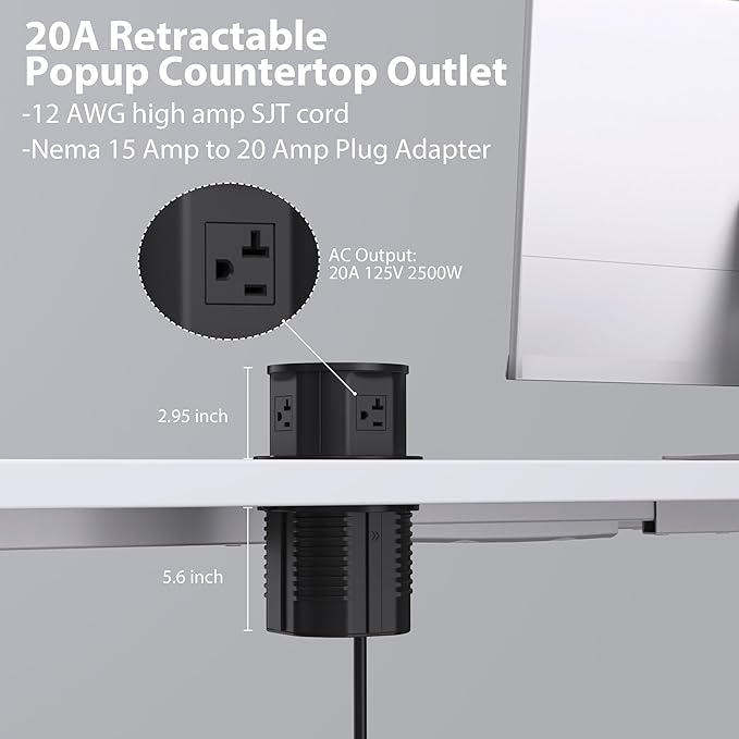 ANNQUAN 20 Amp Pop Up Countertop Outlet with 15W Wireless Charger,Max 65W Power Delivery,4.75" Pop Up Electrical Outlet with 3 Outlets 3 USB Ports for Home Office