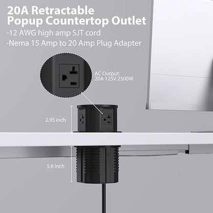 ANNQUAN 20 Amp Pop Up Countertop Outlet with 15W Wireless Charger,Max 65W Power Delivery,4.75" Pop Up Electrical Outlet with 3 Outlets 3 USB Ports for Home Office