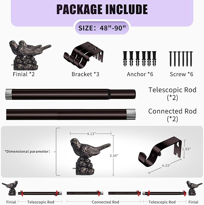 Curtain Rods 48 to 90 Inches Vintage Oil Bronze Curtain Rods for Windows Adjustable Drapery Rod with Bird Finials Heavy Duty Window Brown Curtains Rod for Living Room Bedroom