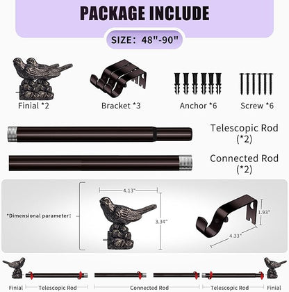 Curtain Rods 48 to 90 Inches Vintage Oil Bronze Curtain Rods for Windows Adjustable Drapery Rod with Bird Finials Heavy Duty Window Brown Curtains Rod for Living Room Bedroom