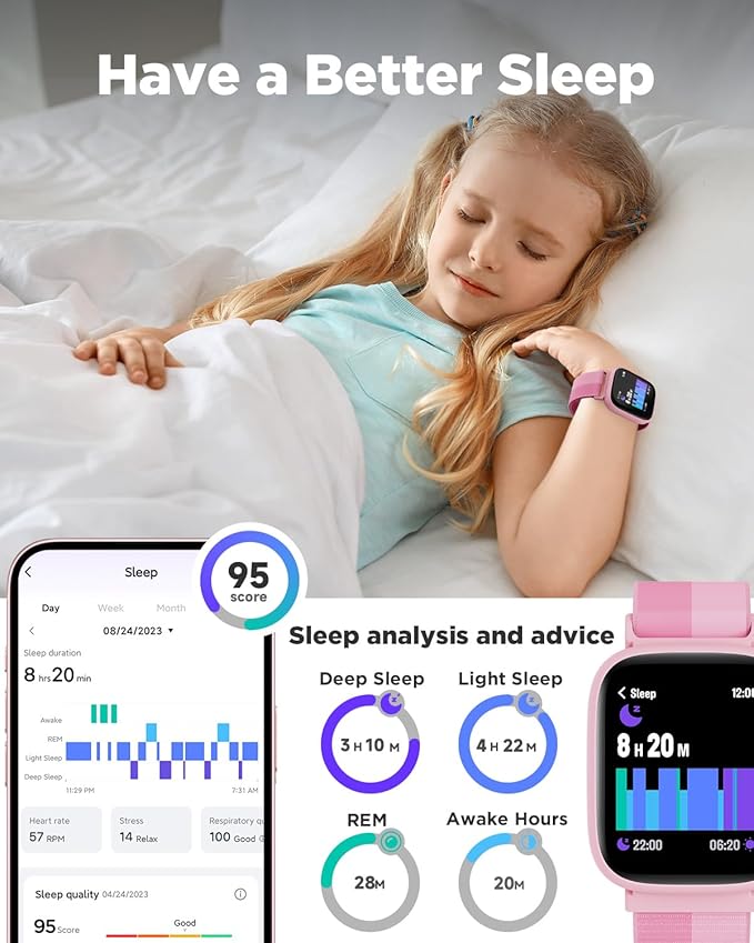 BIGGERFIVE Smart Watch for Kids, 1.8" Fitness Tracker Watch Pedometer, Heart Rate, IP68 Waterproof, Sleep Monitor, Calorie Step Counter, 5 Puzzle Games with/Without APP for Girls Teens 5-16, Nylon