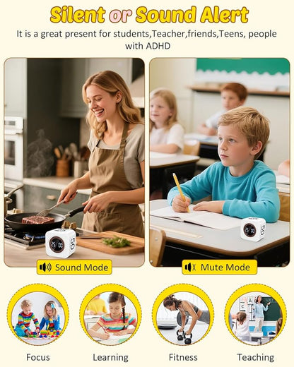 Pomodoro Timer Cube Visual Productivity Flip Timer for Kids Classroom Desk, 5/10/25/50min&Custom Countdown, Silent&Sound Mode Digital Cube for ADHD Study Work School Game Kitchen (White)