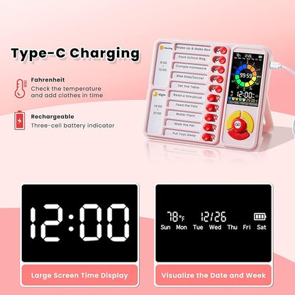 ADHD Tool for Kids, 5-in-1 Visual Timer with Chore Chart Board, Visual Schedule for Kids, 12/24 Task Timer with 99'59'' Countdown/Countup, 5 Alarms, Silent Operation Visual Schedule for Autism - Pink