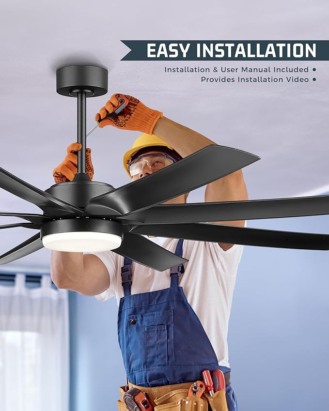 70 Inch Ceiling Fans with Lights, Smart Ceiling Fan with Voice Control, 8 ABS Blades, Reversible DC Motor, 3CCT Dimmable Black Ceiling Fan for Patio, CF01-BK