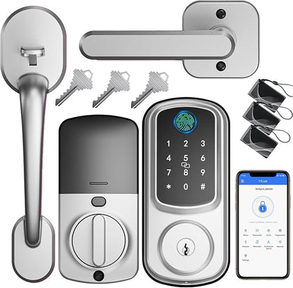 Keyless Entry Door Lock with Handle Set, Keyless Entry Deadbolt with Handle Set, Smart Locks for Front Door Alexa Fingerprint Auto Lock,Silver
