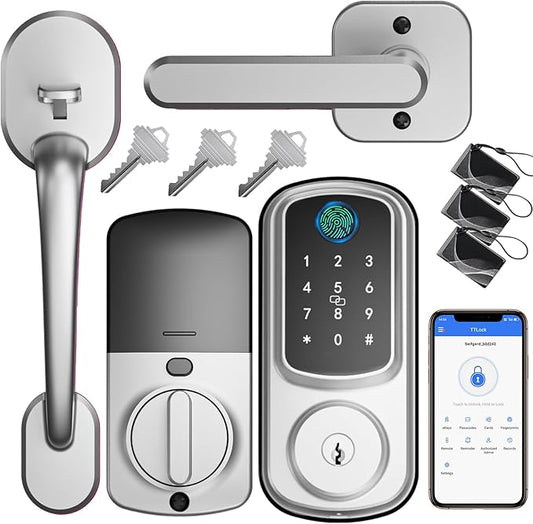 Keyless Entry Door Lock with Handle Set, Keyless Entry Deadbolt with Handle Set, Smart Locks for Front Door Alexa Fingerprint Auto Lock,Silver