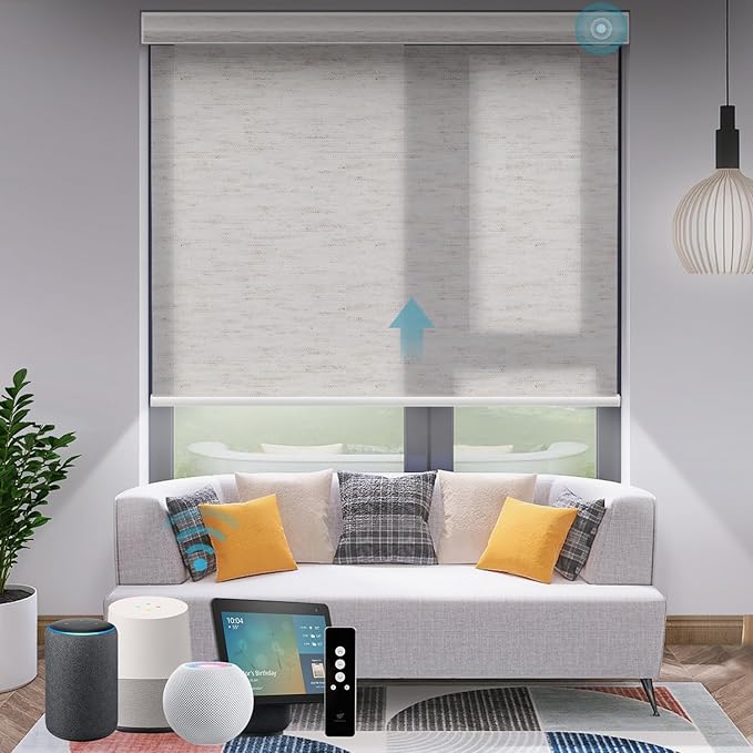 SmartWings Motorized Light Filtering Shades, Work with Matter Thread Apple Homekit, Alexa SmartThings Google, Cordless Window Shades with Remote Control, Rechargeable, Custom Size, Fabric Sample