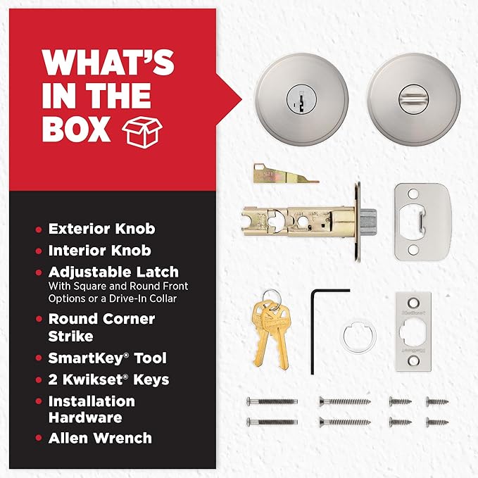 Kwikset Pismo Entry Door Knob with Lock and Key, Secure Keyed Handle Exterior, Front Entrance and Bedroom, Satin Nickel, 10 Pack, Pick Resistant SmartKey Rekey Security and Microban