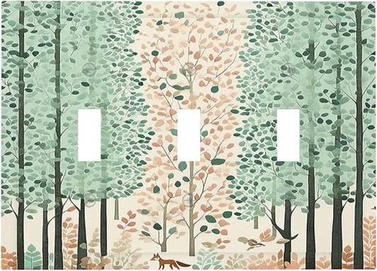 Boho Wildflower Forest Woodland Animals Decorative Switch Plates 3 Gang Wall Plate Triple Toggle Light Switch Cover Electrical Wall Panels Faceplate for Bedroom Bathroom Decor