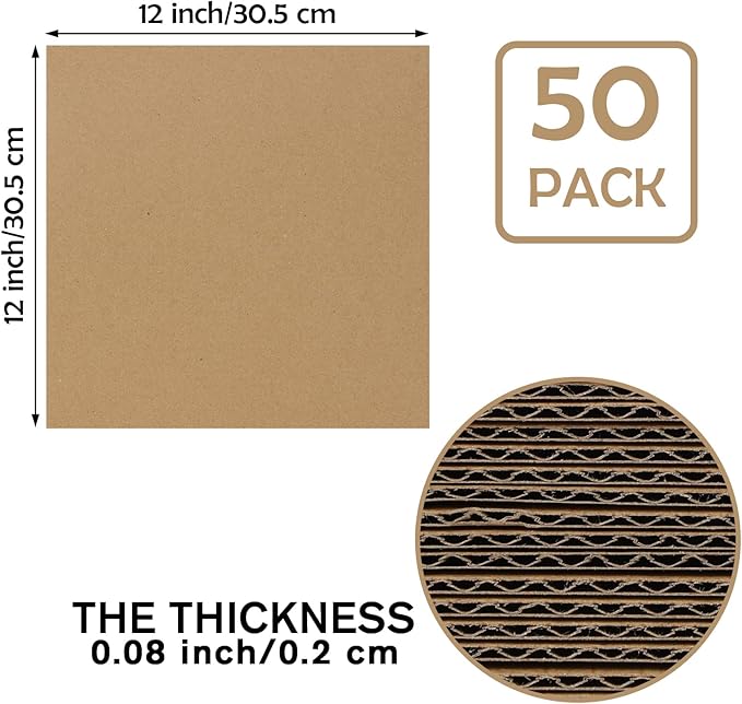 Calenzana 12x12 Browm Corrugated Cardboard Sheets, Flat Card Boards Inserts for Crafts, Packing, Shipping, Moving, Mailing, 50 Pack