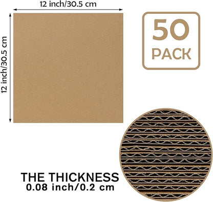 Calenzana 12x12 Browm Corrugated Cardboard Sheets, Flat Card Boards Inserts for Crafts, Packing, Shipping, Moving, Mailing, 50 Pack
