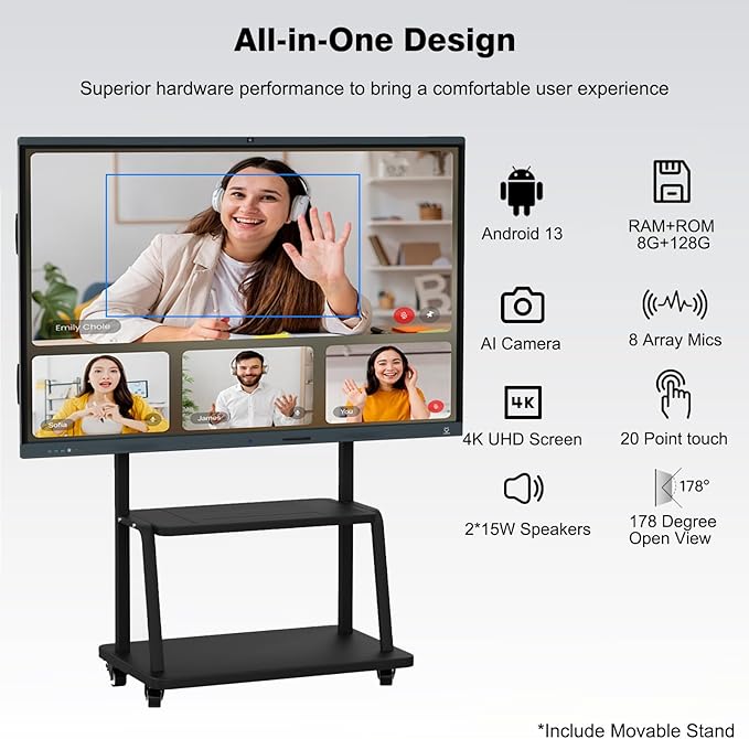 86 Inch Interactive Whiteboard, All in One Electronic Whiteboard for Classroom and Office, 4K Touchscreen Digital Smart Board with Camera and Mics (Board+Movable Stand+Wall Mount)