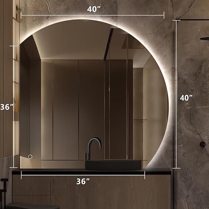 Niccy 40" Semicircular Wall Mounted Frameless LED Mirror, Modern Half Moon Design, Anti-Fog, Shatter-Proof, 3 Color Temperatures, Dimmable Light, Bathroom & Bedroom Use