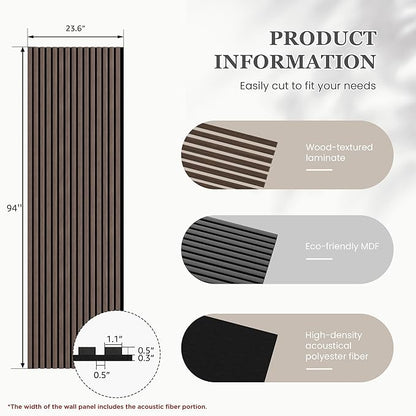 Wood Salt Acoustic Wall Panels, 2 Piece 94" x 23.6" x 0.8" Soundproof Wooden Wall Panels, 3D Fluted Sound Absorbing Panel, Natural Walnut