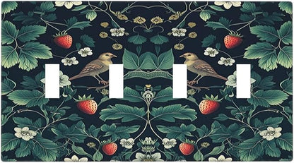 Light Switch Covers Strawberry Birds Flowers Plant Morris Floral Quad Toggle Electrical Faceplate 4 Gang Wall Plate Decorative Switch Plates for Bedroom Farmhouse Decor