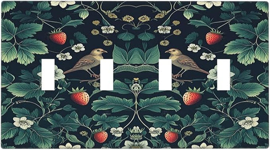 Light Switch Covers Strawberry Birds Flowers Plant Morris Floral Quad Toggle Electrical Faceplate 4 Gang Wall Plate Decorative Switch Plates for Bedroom Farmhouse Decor