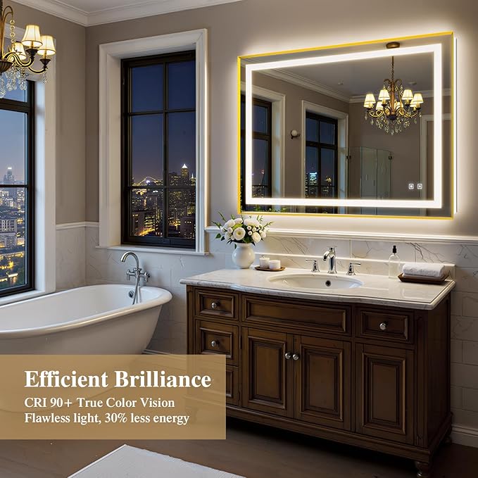 48X36 Inch LED Bathroom Mirror with Lights, Gold Frame Frontlit+ Backlit Bathroom Vanity Mirror for Wall, Ultra-Clear Tempered Glass, Shatter-Proof, Anti-Fog and Memory Function, ETL Listed
