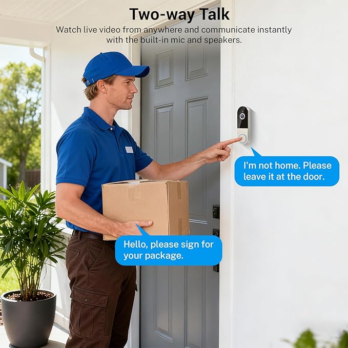Wireless Doorbell Camera with Rechargeable Battery, 1080P Resolution, 2-Way Audio, Night Vision, AI Human Detection, Cloud Storage, 2.4G WiFi