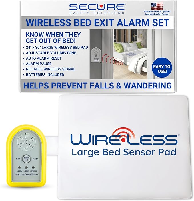 Secure Large Bed Alarm for Elderly Adults - Wireless Sensor Pad (24"x30") & Monitor with Protective Holder - Smart and Reliable Fall Prevention for Seniors and Dementia Patients