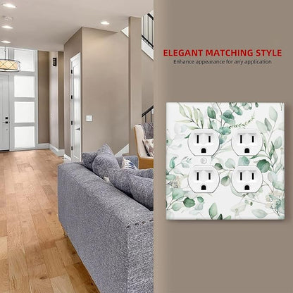 Boho Green Eucalyptus Leaf Floral Plants Flowers Outlet Covers 2 Gang Double Duplex Decorative Light Switch Covers Electrical Wallplates Socket Faceplate for Bed Room Living Room Decor