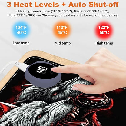 Heated Mouse Pad for Desk 31.5" x 13" – PU Leather Warm Desk Pad with 3 Heat Levels (104°F/113°F/122°F), Plug-in Electric Heating Mat with Auto Shut-Off, Waterproof & Rollable, Four Wolves