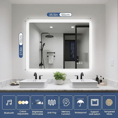 STARLEAD 28"x36" LED-Bathroom-Mirror-with-Lights, Wall-Mounted with Bluetooth Speaker, Anti-Fog, 3 Color Temperature, Dimmable Brightness, Waterproof, Tempered Glass, Frontlit & Backlit