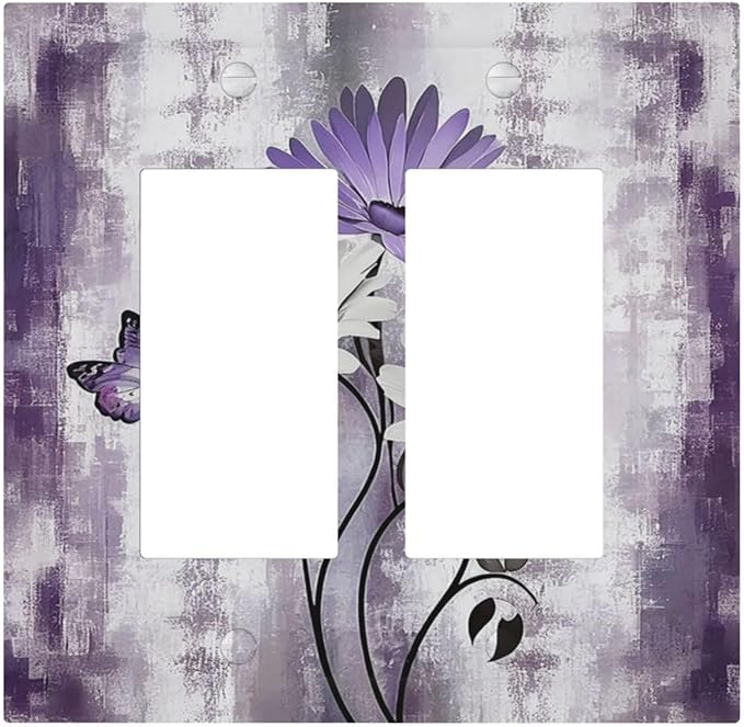 Purple Daisy White Floral Butterfly Flowers Outlet Covers Light Switch Cover Plate 2 Gang Double Rocker Wall Plates Decorative Switch Plates Plug Cover Electrical GFCI Receptacle for Home 4.9 X 5 IN