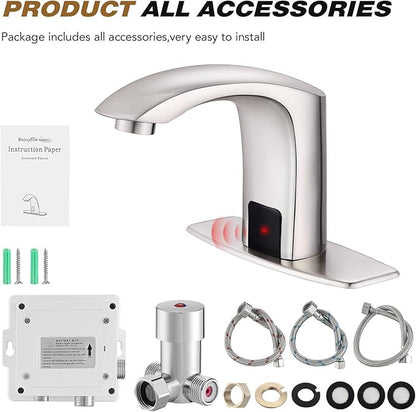 Gangang Touchless Bathroom Sink Faucet Adjustable Water Temperature Brass Automatic Motion Sensor Faucet 1 Hole Commercial Brass Non-contact Faucets Sinks Water Saving Easy to Install (Brushed Nickel)