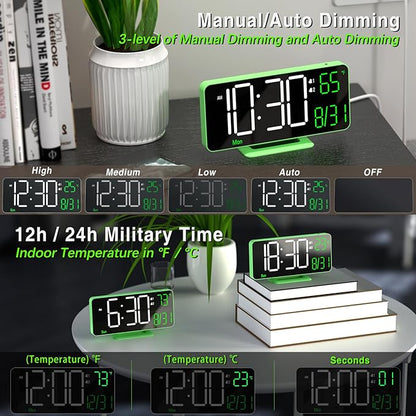 KOSUMOSU Small Digital Clock, 6.7in Alarm Clocks for Bedrooms, Auto Dimming, Room Temperature, Day of The Week, Seconds, Date, Desk Clock for Bedroom, Digital Clocks for Living Room
