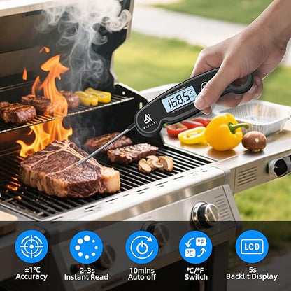 Aurasky Instant-Read Meat Thermometer Digital for Cooking and Grilling, Waterproof Food Thermometer with Backlight, Calibration & Hold Function for Kitchen, BBQ, Deep Fry, Candy, Liquid (Black)