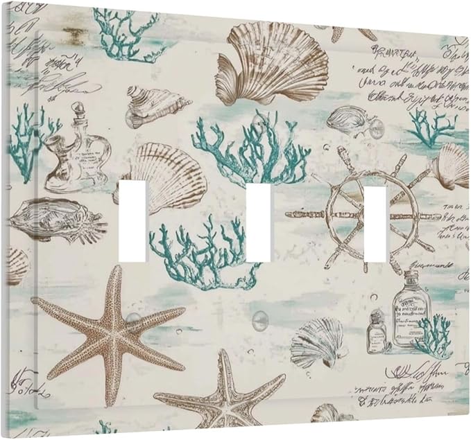 Mid Century Seashells Starfish Compass Decorative Switch Plates 3 Gang Wall Plate Triple Toggle Light Switch Cover Faceplate Electrical Wall Panels For Nursery Kids Room Decor