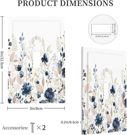 Blue Flora Boho Vintage Flower Golden Leaves Decorative Light Switch Cover 1 Gang Single Toggle Device Electrical Faceplate Switchplates Decorator Outlet Wall Plate for Bedroom Living Room Decor