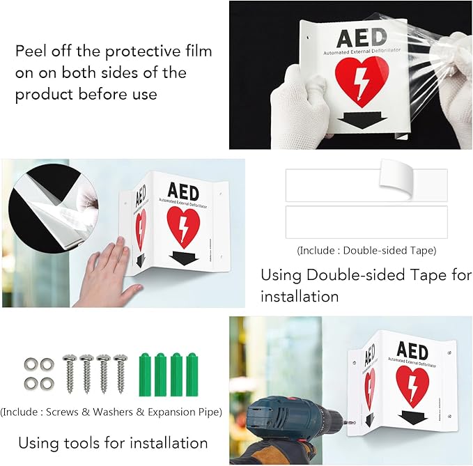 Faittoo AED Sign, AED with Down Arrow - 3 Pack 6 x 8 Inches V-Shaped Acrylic Plastic, 4 Pre-Drilled Holes, Includes Matching Screws, Use for Home Office/Business