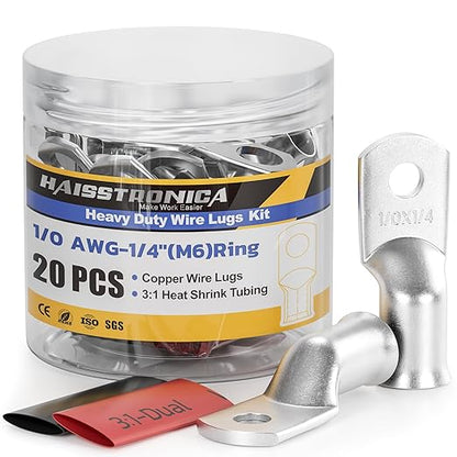 haisstronica 10pcs 1/0 AWG - 1/4" (M6) Tinned Copper Battery Lugs, Heavy Duty Copper Wire Lugs with 10pcs 3:1 Adhesive Heat Shrink Tubing, 1/0 Gauge Wire Lugs, Tinned Copper Battery Cable Ends