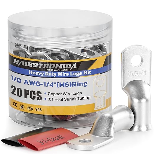 haisstronica 10pcs 1/0 AWG - 1/4" (M6) Tinned Copper Battery Lugs, Heavy Duty Copper Wire Lugs with 10pcs 3:1 Adhesive Heat Shrink Tubing, 1/0 Gauge Wire Lugs, Tinned Copper Battery Cable Ends