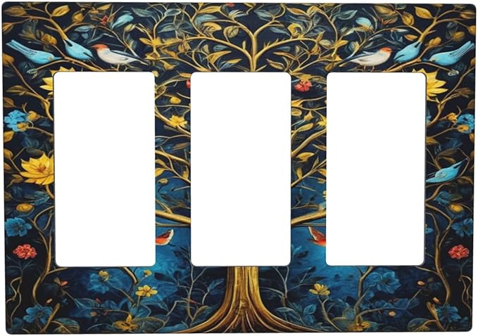 Gold Tree With Birds Flowers on Branches 3 Gang Rocker Triple Outlet Wall Plate Decorative Switchplate Cover Faceplate GFCI Light Switch Covers for Farmhouse Living Decor