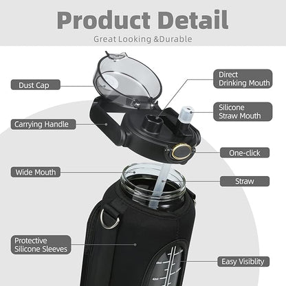 Half Gallon 64oz Glass Water Bottle with Straw and Storage Sleeve Motivational Water Bottle with Strap and Time to Drink 2L Leakproof Reusable Water Jug for Fitness Gym and Outdoors